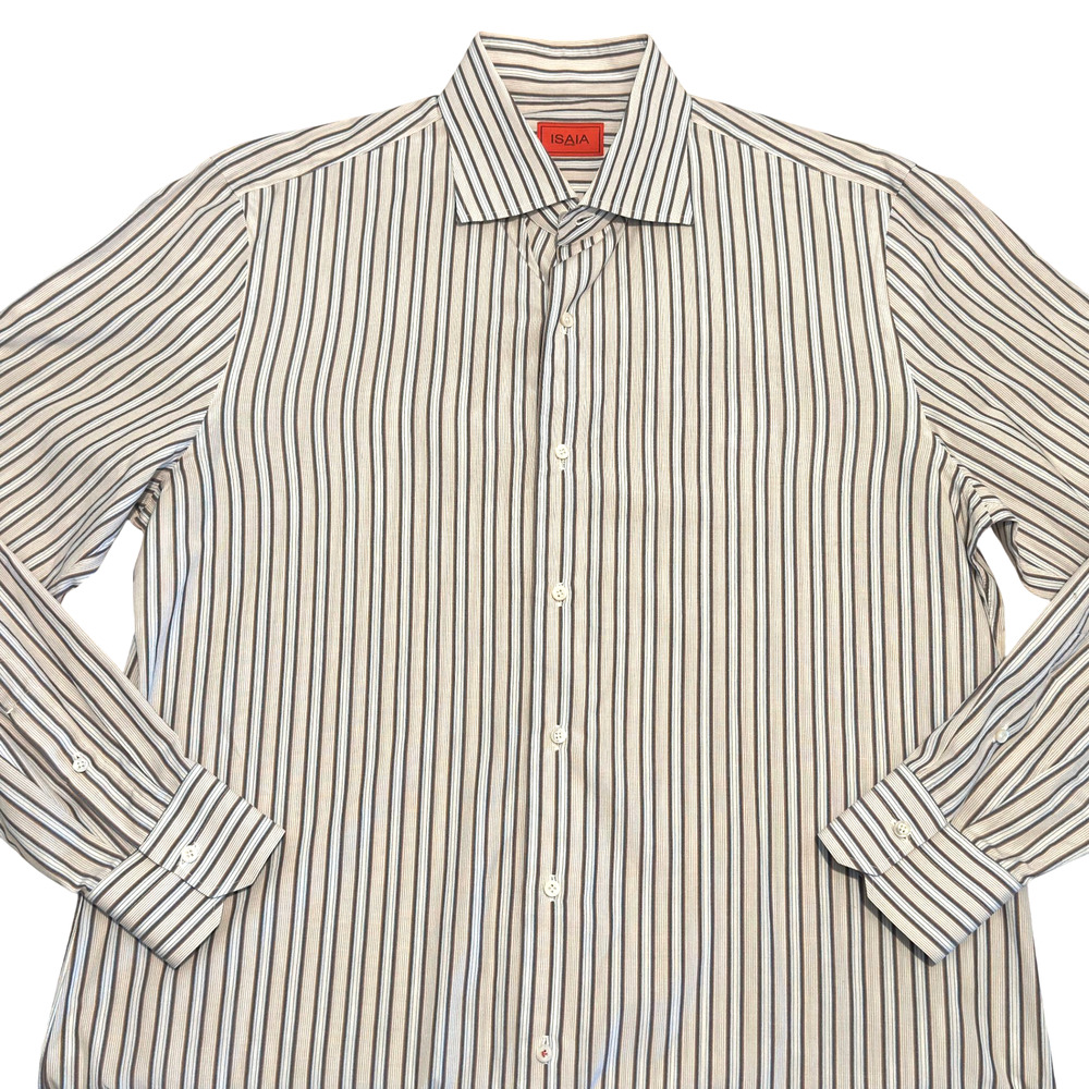 Isaia Napoli Long Sleeve Dress Shirt Mens 17 / 43 Striped Cotton Button Front - Picture 4 of 16